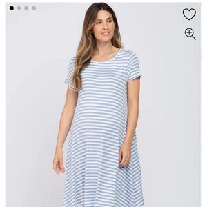 Blue Striped Short Sleeve Maternity Dress